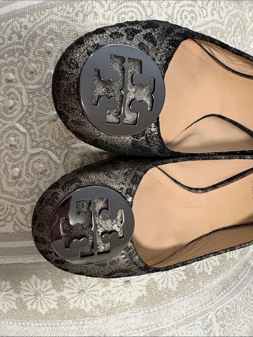 Tory Burch Metallic Charcoal Logo Ballet Flats